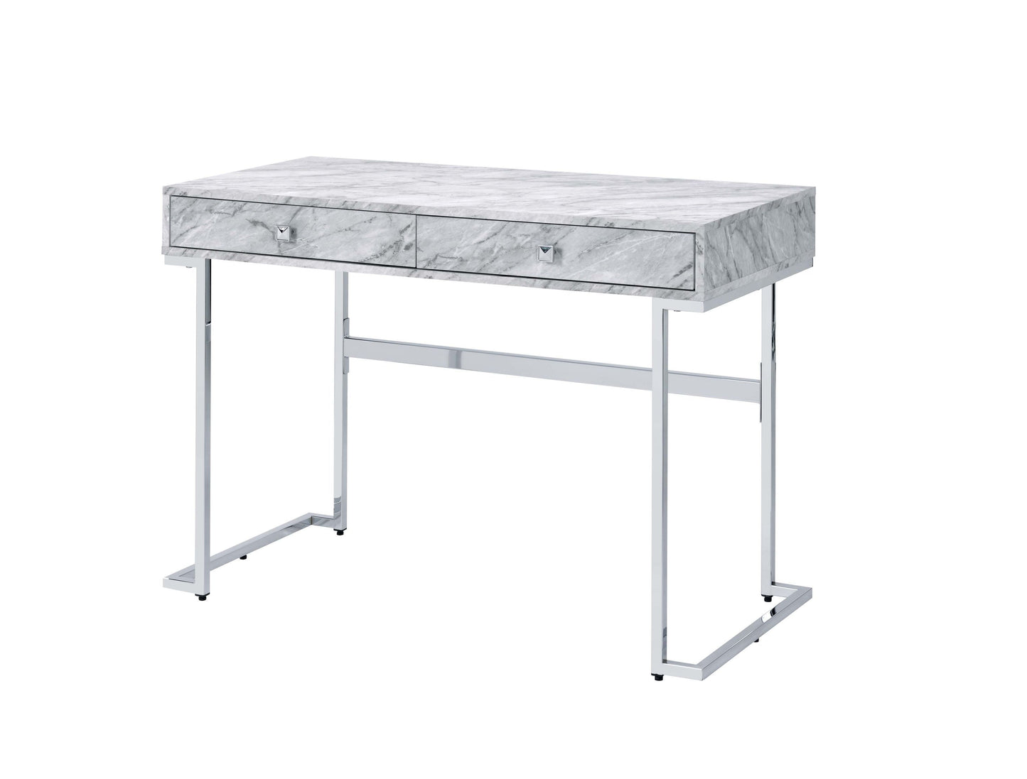 Sleek White Faux Marble Writing Desk with Chrome Frame