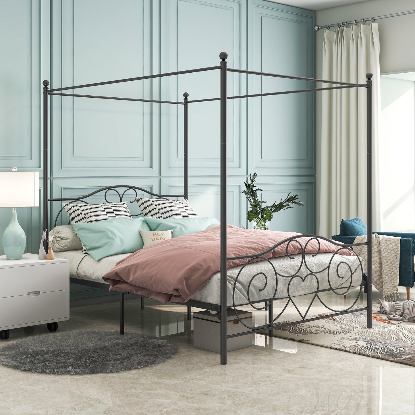 Metal Canopy Bed Frame with Vintage Style Headboard & Footboard , Easy DIY Assembly All Parts Included, Queen Black(same as 748G-BK)