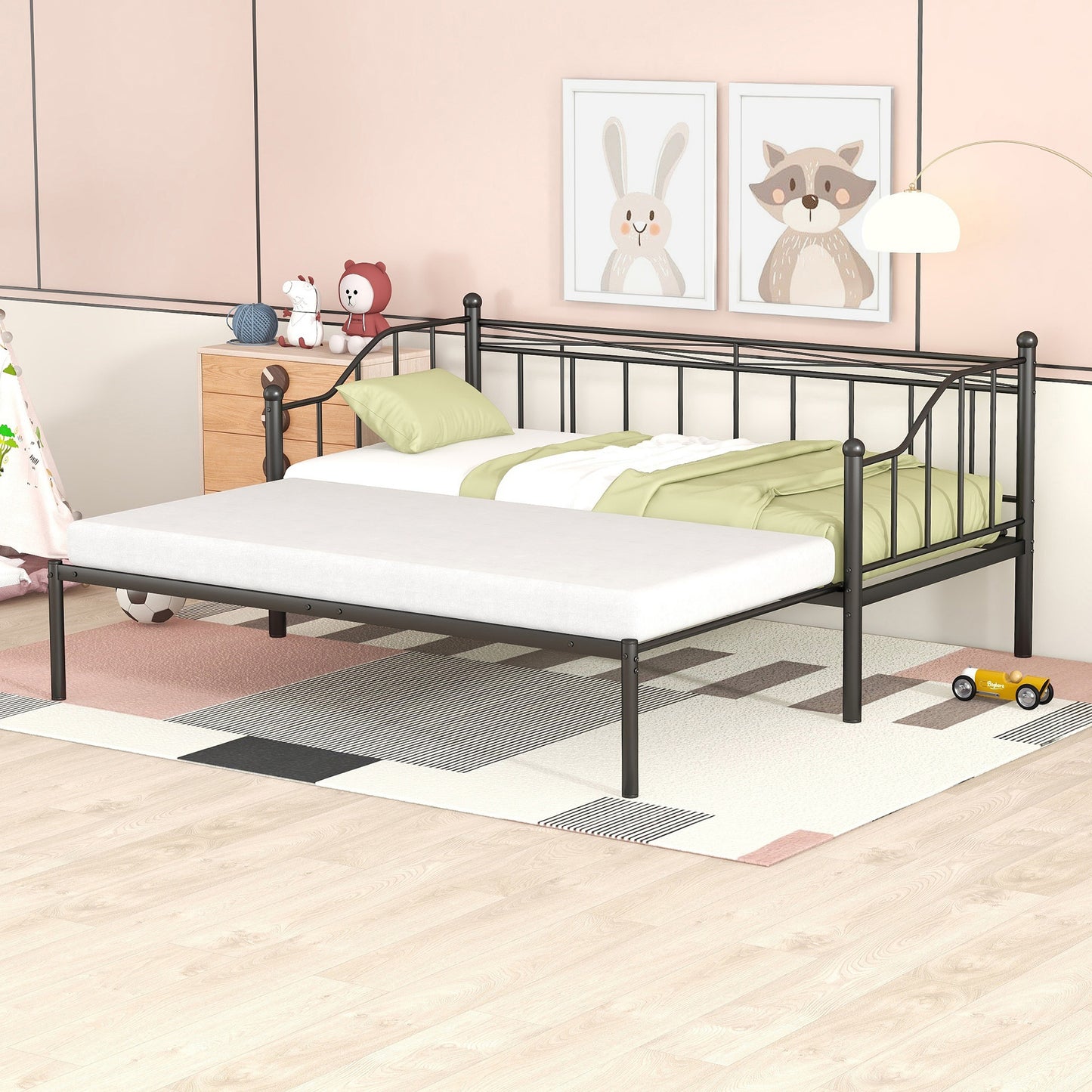 Twin Size Metal Daybed with Trundle, Daybed with Slat No Box required Black