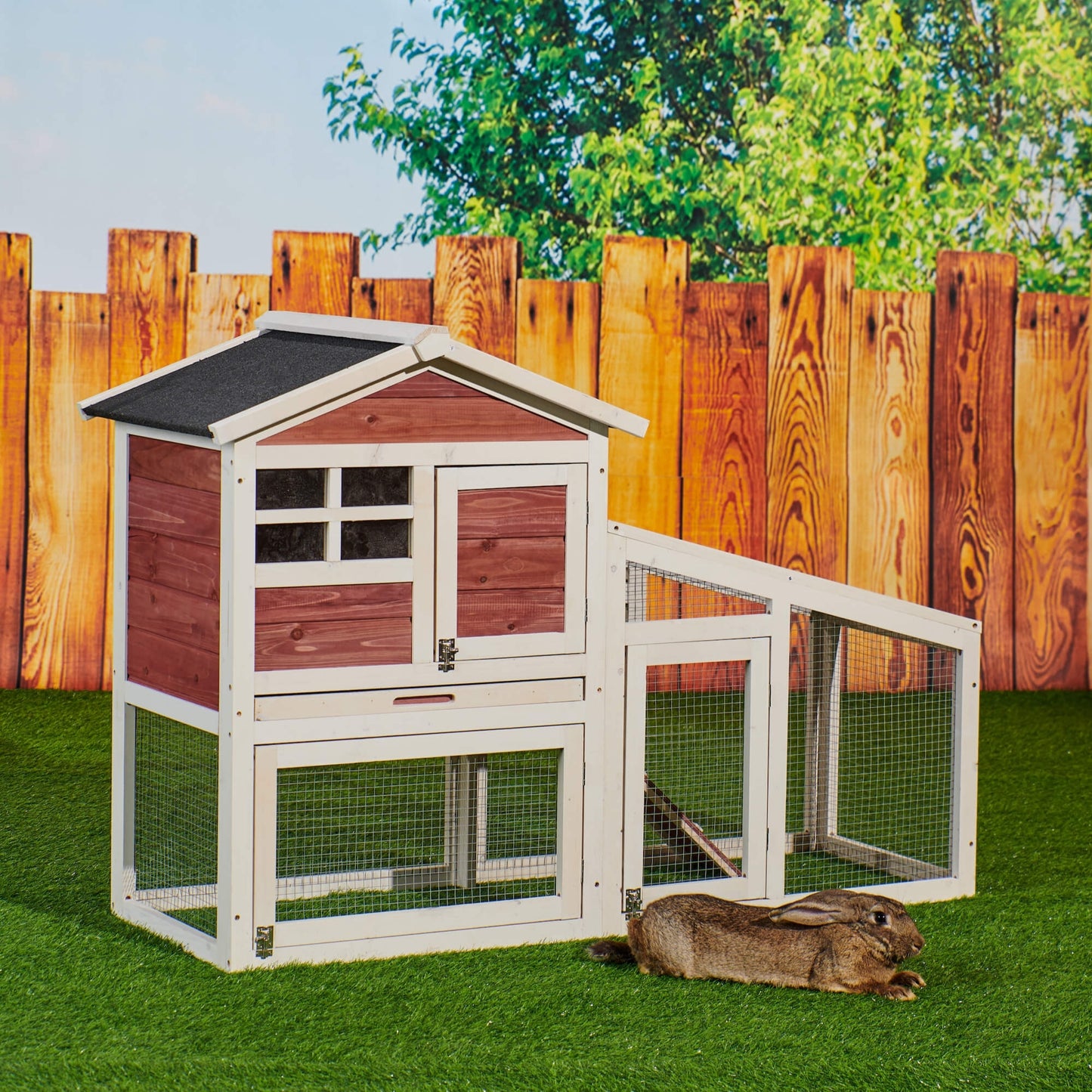 Rabbit Hutch Indoor Outdoor, Wooden Chicken Coop, Bunny Cage Hen House with Run, Ventilation Door, Removable Tray, Ramp, Sunlight Panel, Backyard Garden Animals Pet Cage Auburn