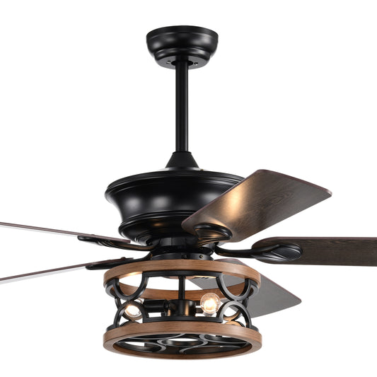 Farmhouse Ceiling Fan with Reversible Airflow, Remote Control, and Caged Light Fixture