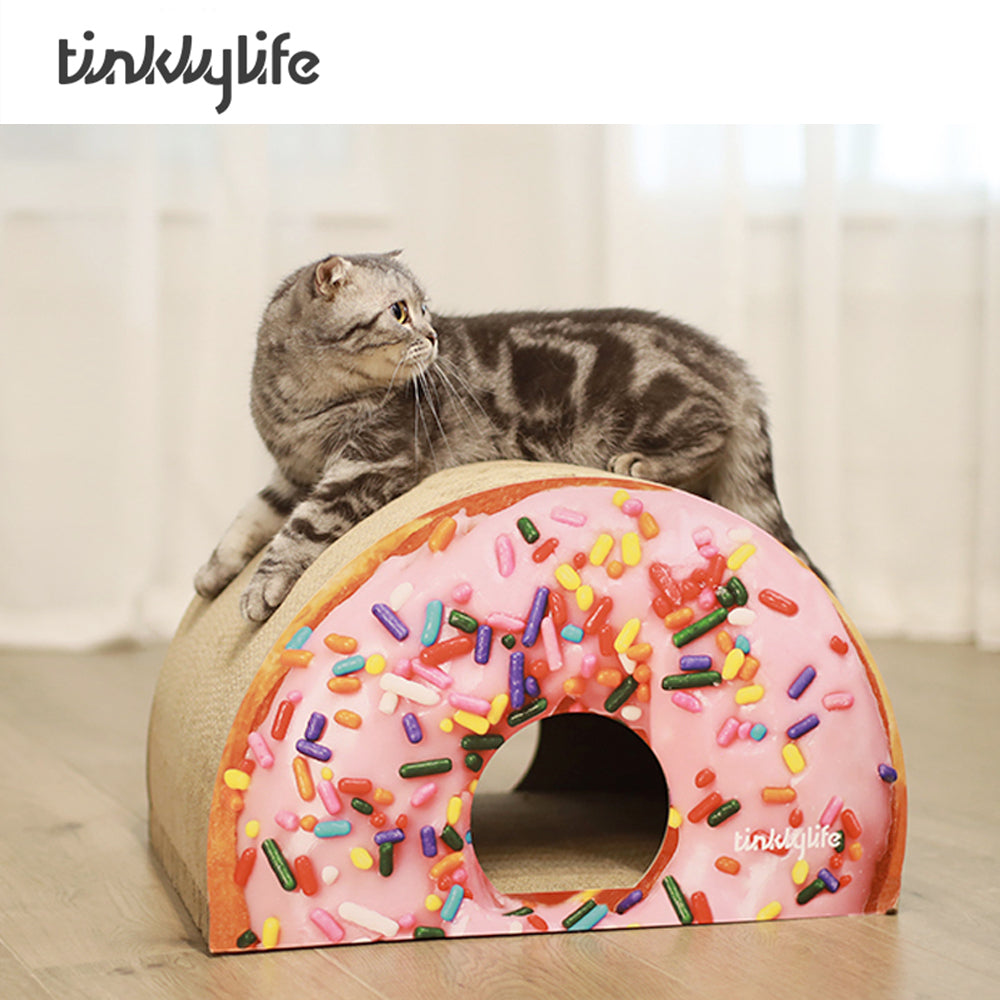 Tinklylife Cat Condo Scratcher Post Cardboard, Looking Well with Delicious Doughnut Shape Cat Scratching House Bed Furniture Protector, Pink Colour