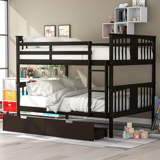 Espresso Finish Full over Full Bunk Bed with Drawers and Ladder for Bedroom Decor