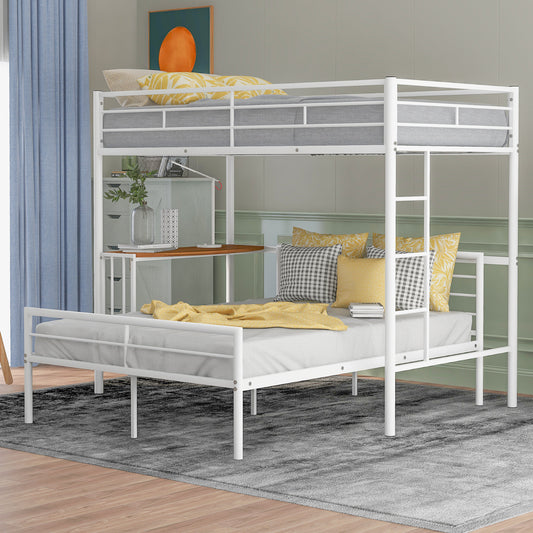 Metallic White Twin Over Full Bunk Bed with Desk and Ladder