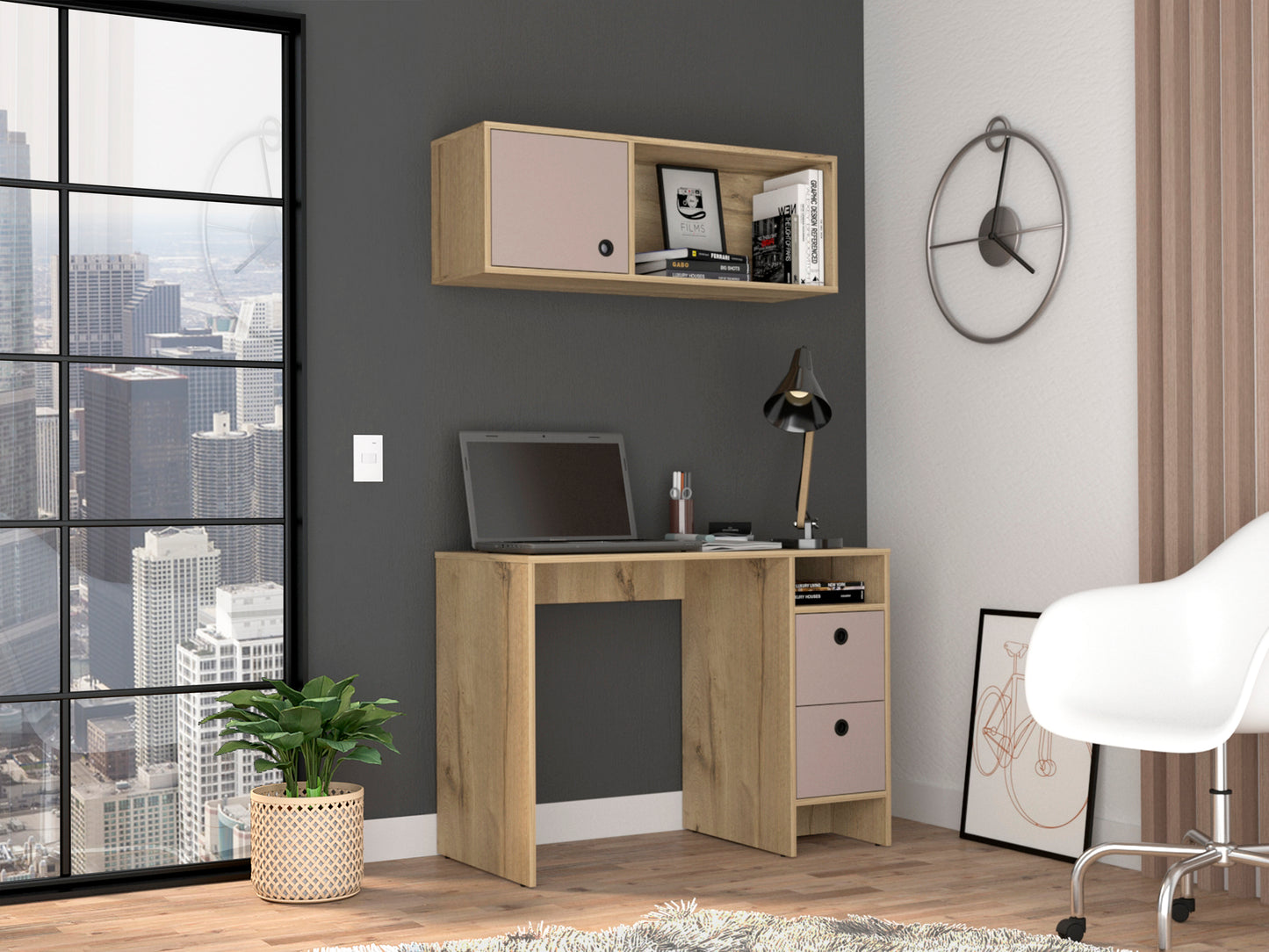 Luxurious Light Oak and Taupe Office Desk Set with Cabinet