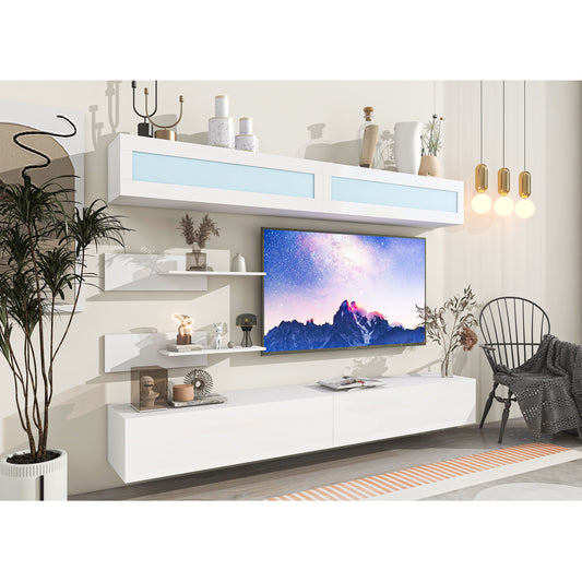 Wall Mount Floating Entertainment Center with LED Lights and Storage Cabinets