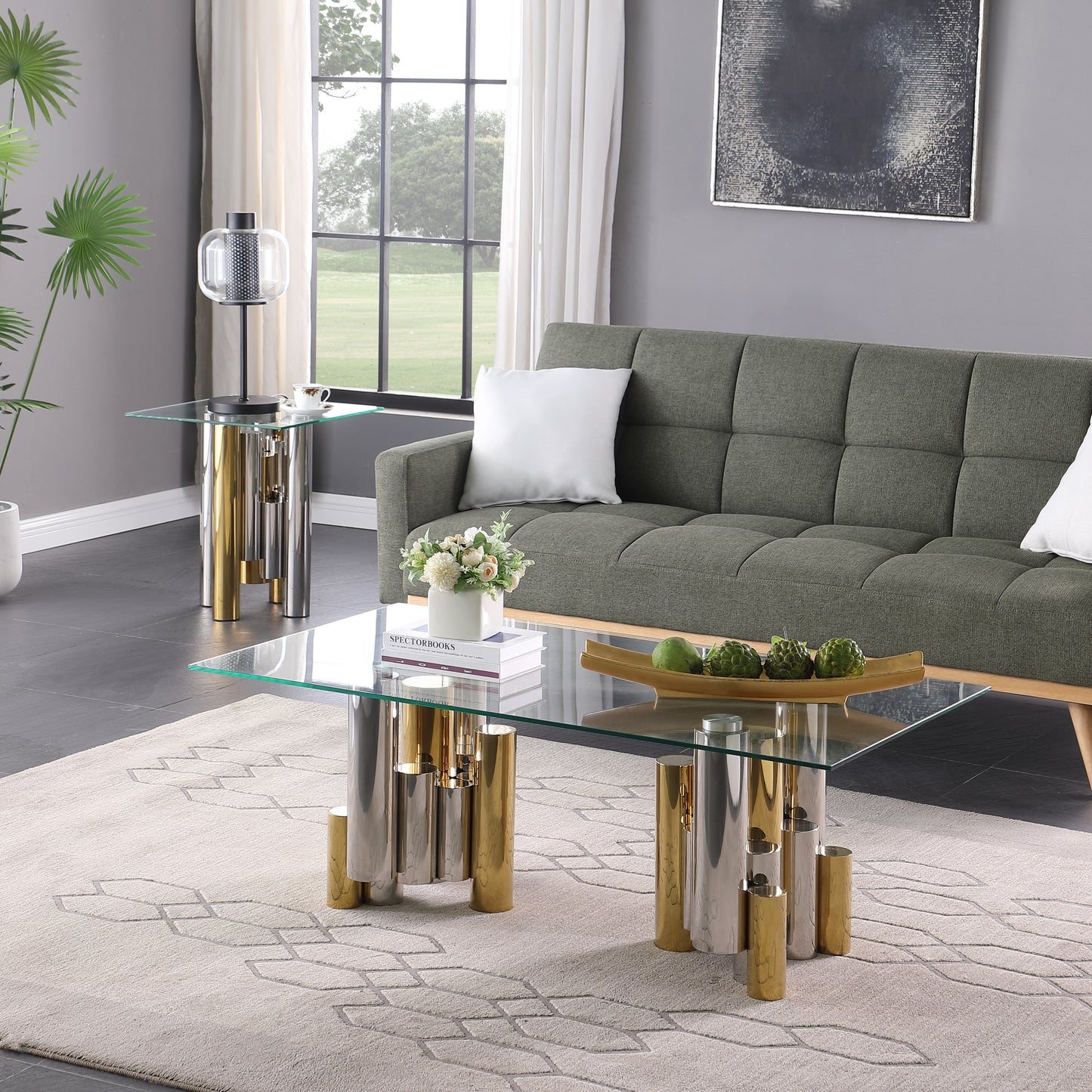 Sleek Stainless Steel 48 Rectangular Glass Coffee Table for Modern Living Room