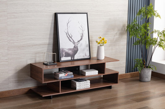 Iris Walnut Brown TV Stand with Black Legs and Two Shelves