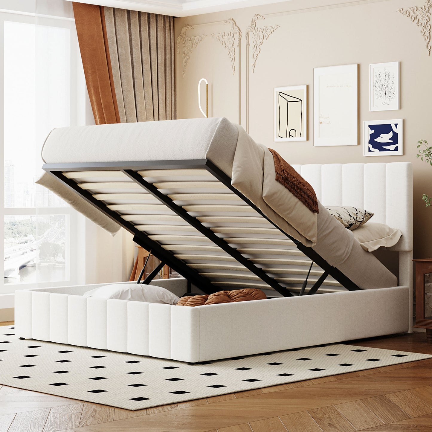 Queen size Upholstered Platform bed with a Hydraulic Storage System - White