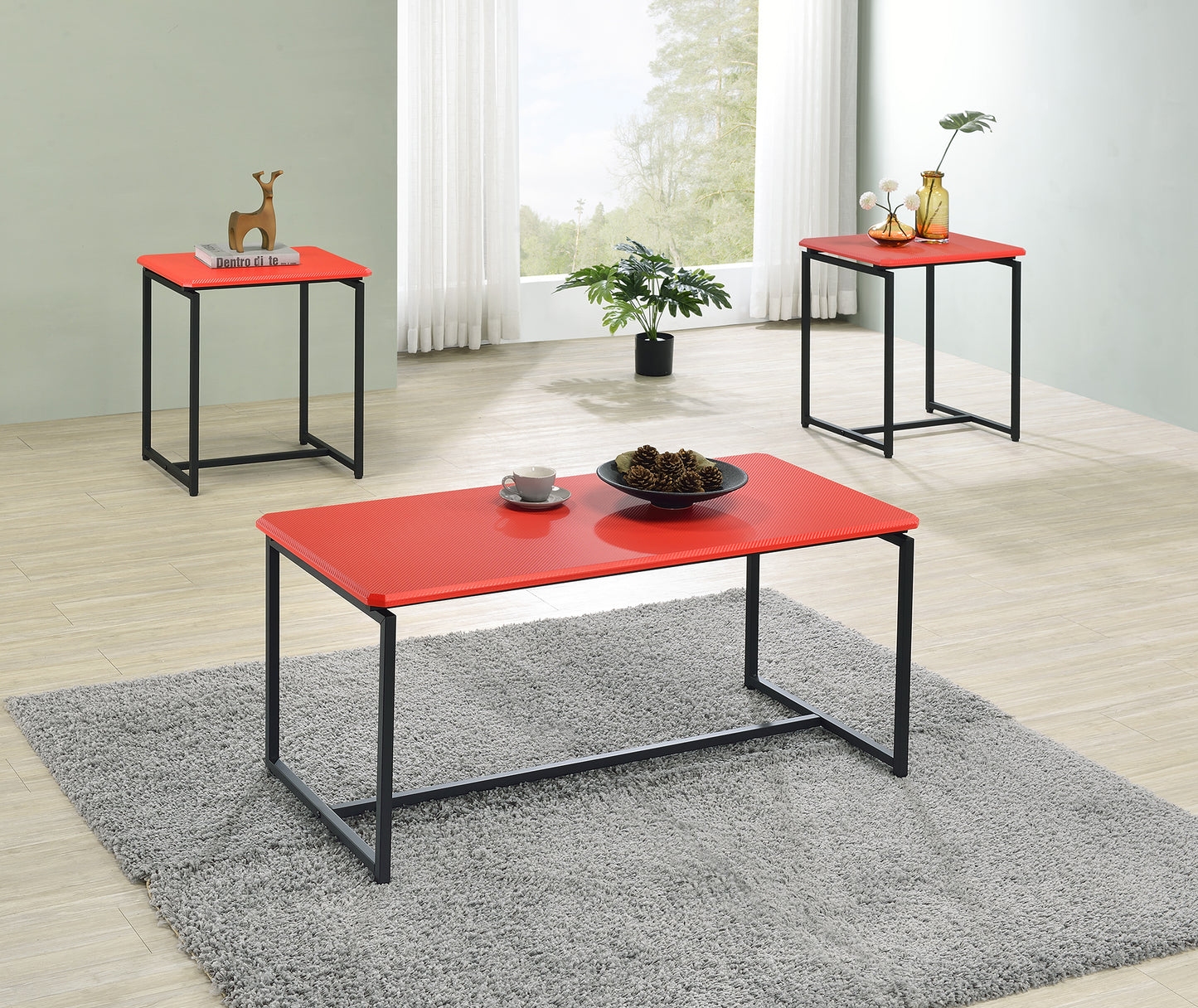 Sleek Red Carbon Fiber Wrap Coffee Table and End Table Set