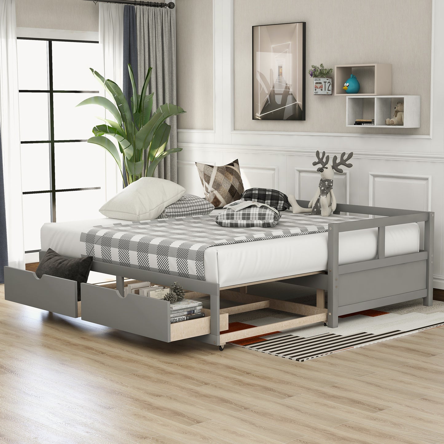 Wooden Daybed with Trundle Bed and Two Storage Drawers , Extendable Bed Daybed,Sofa Bed for Bedroom Living Room, Gray