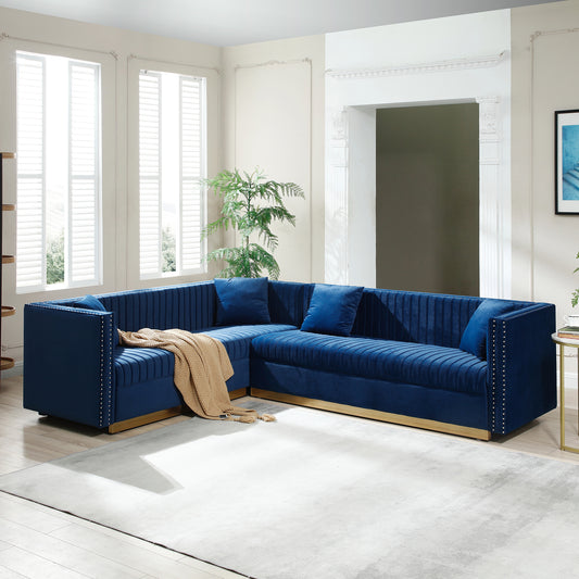 Blue Velvet Sectional Sofa with Channel Tufting and Pillows