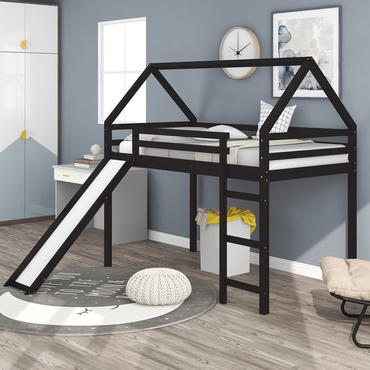 Twin Size Loft Bed with Slide, House Bed with Slide,Espresso( :WF281158AAP)