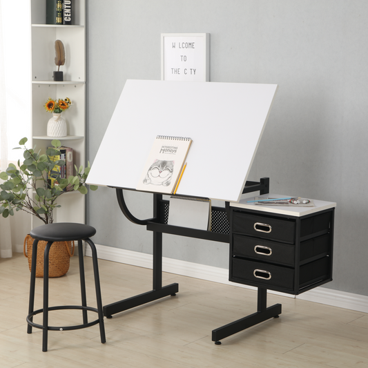 White Art Desk Set with Adjustable Tabletop and Storage Drawers