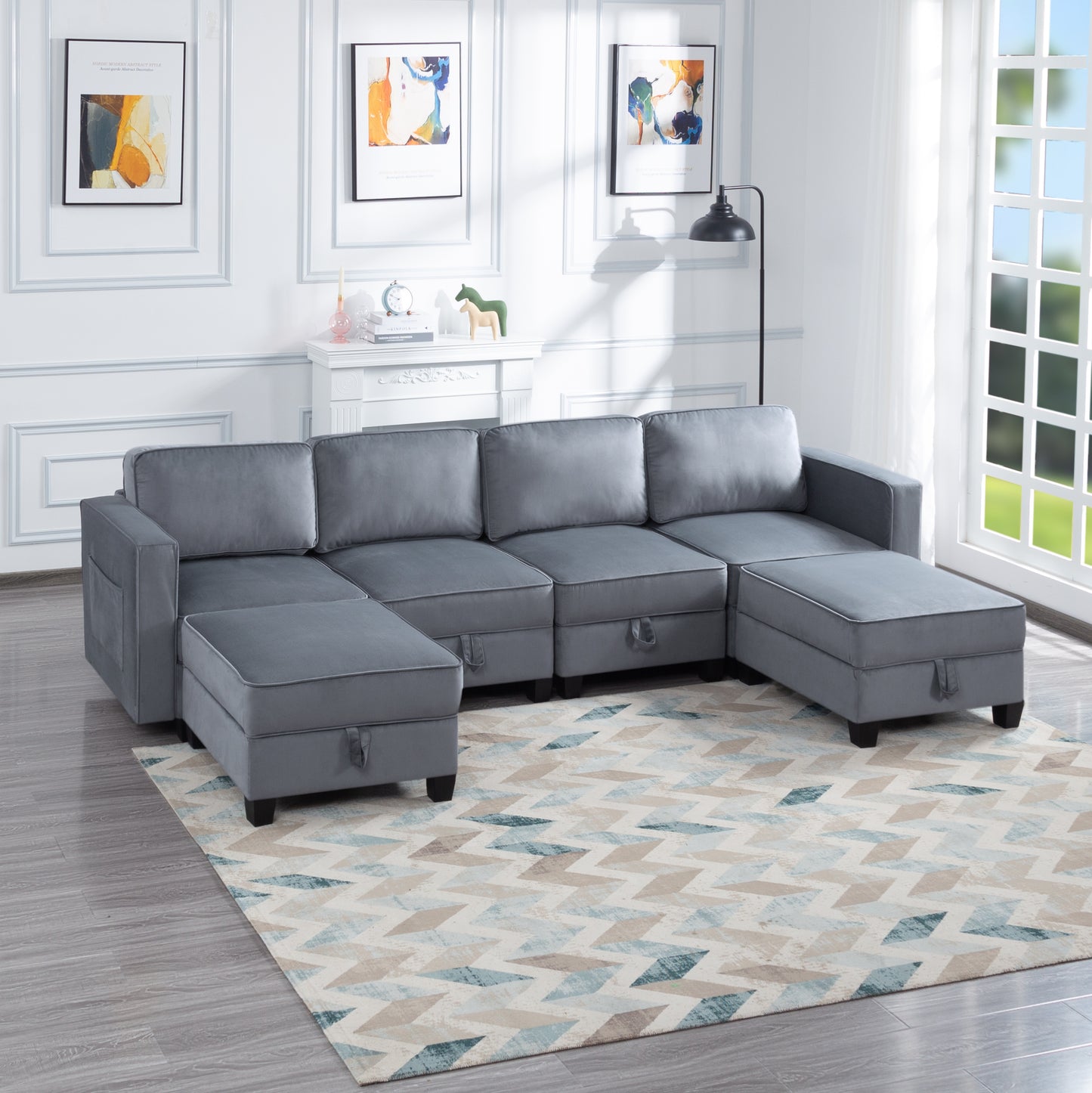 116'' Symmetrical Modular Sectional Sofa with Ottoman in Dark Gray Velvet