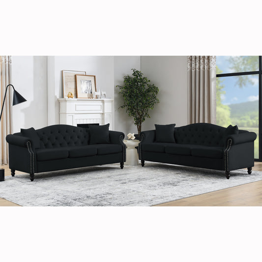 [Video] 79" Chesterfield Sofa Black Velvet for Living Room, 3 Seater Sofa Tufted Couch with Rolled Arms and Nailhead for Living Room, Bedroom, Office, Apartment, 3S+3S