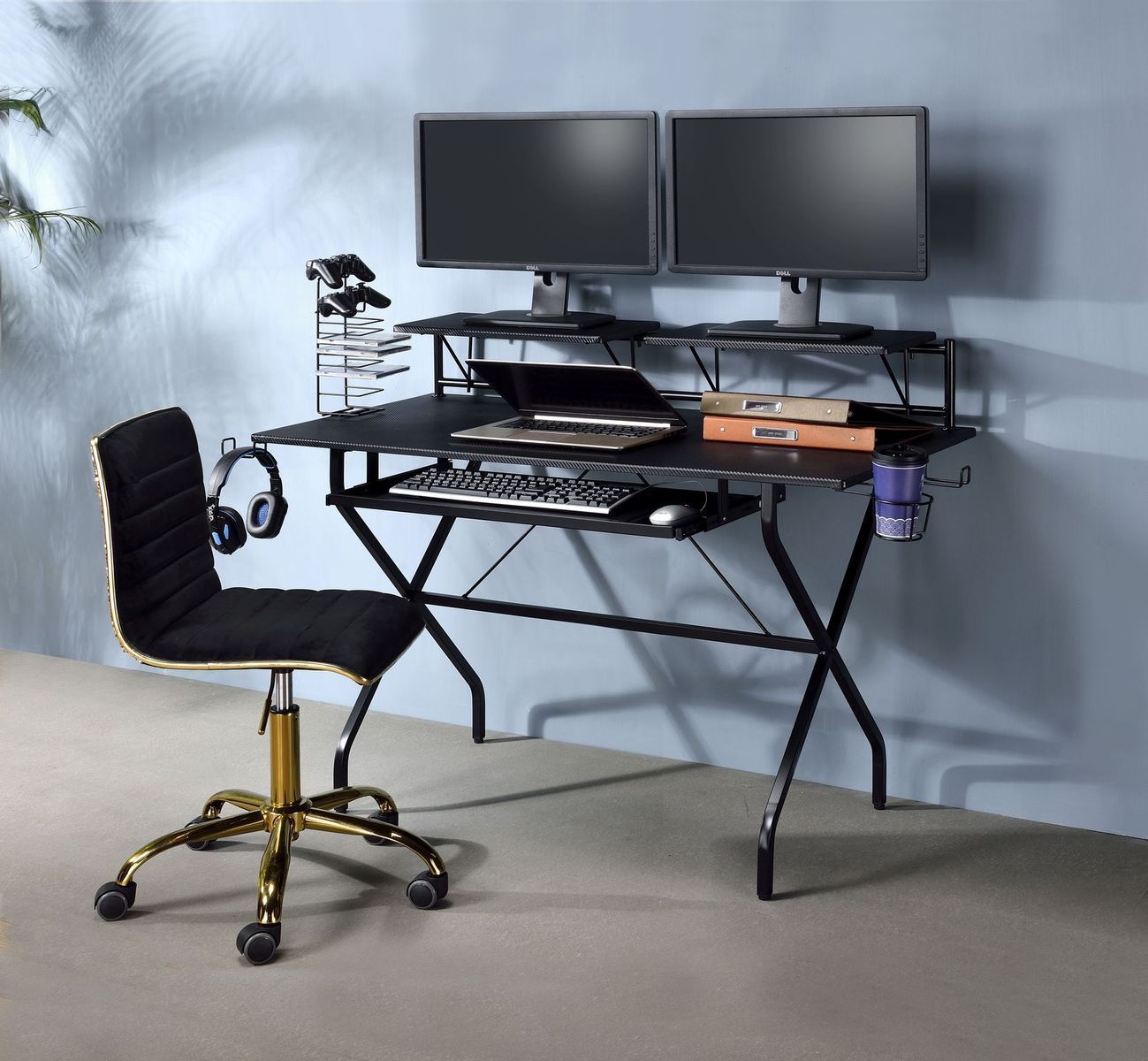 Black Hartman Computer Desk with Keyboard Tray and Storage Shelves - Stylish Black Workstation with Storage and Keyboard Tray