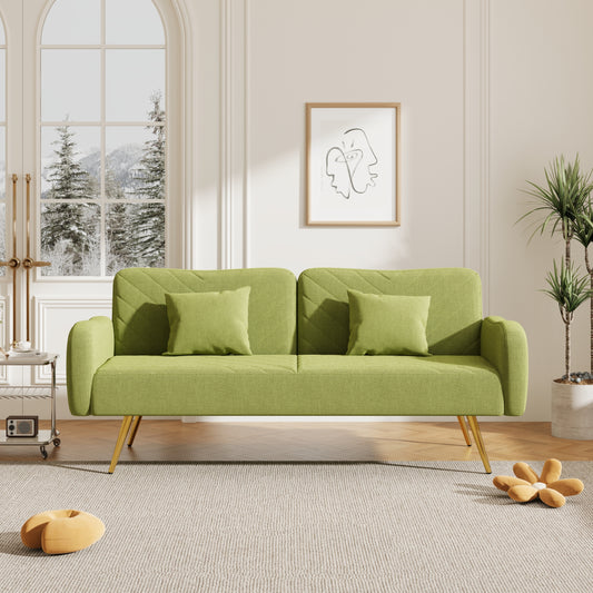 70.47 Green Fabric Double Sofa with Adjustable Split Backrest and Two Throw Pillows