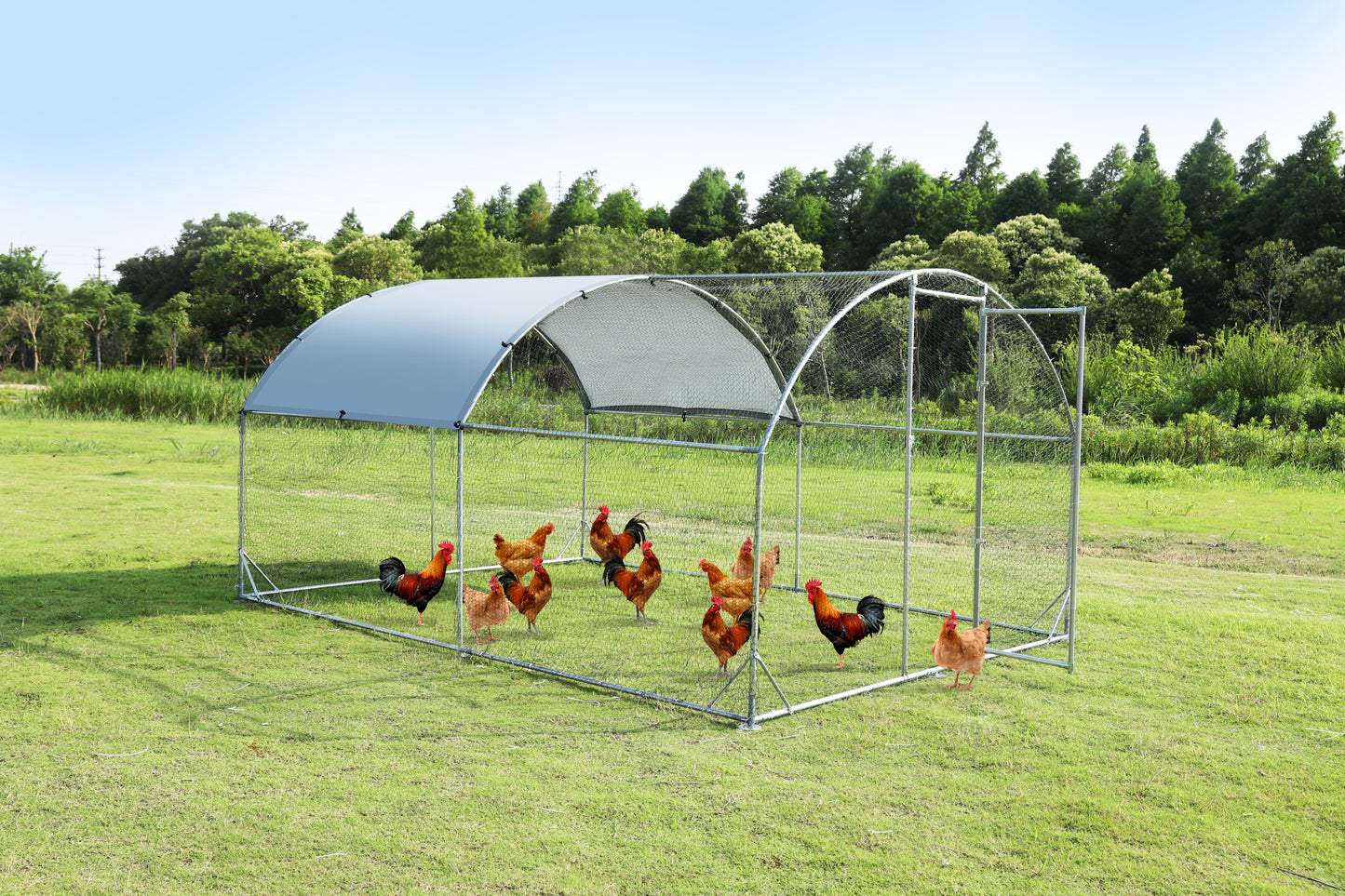 Large metal chicken coop upgrade three support steel wire impregnated plastic net cage, Oxford cloth silver plated waterproof UV protection, duck rabbit sheep bird outdoor house 9.2'W x 12.5'L x 6.5'H