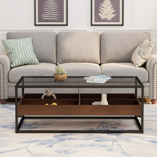 Sleek Glass Coffee Table with Storage Shelf and Metal Legs for Modern Living Rooms