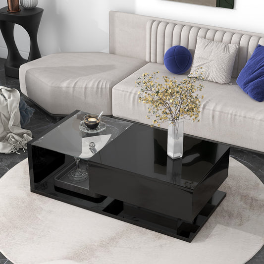 Elegant Black Modernist Coffee Table with Glass Top and Storage Shelf