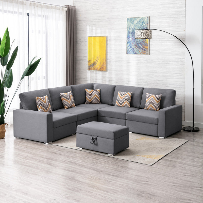 Gray Linen Fabric 6-Piece Reversible Sectional Sofa Set with Pillows, Storage Ottoman, and Interchangeable Legs