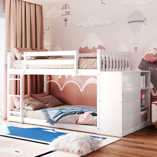 White Twin Bunk Bed with Storage Drawers and Shelves - Space-Saving Twin Bunk Bed