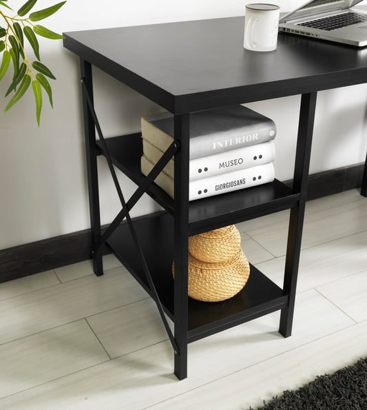 60-Inch Wide Black Wood Top Writing and Computer Desk with Metal Frame and 4 Shelves