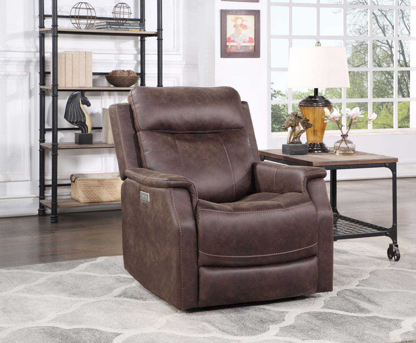 Contemporary Walnut Leatherette Recliner with USB Charging and Dual-Power Adjustment