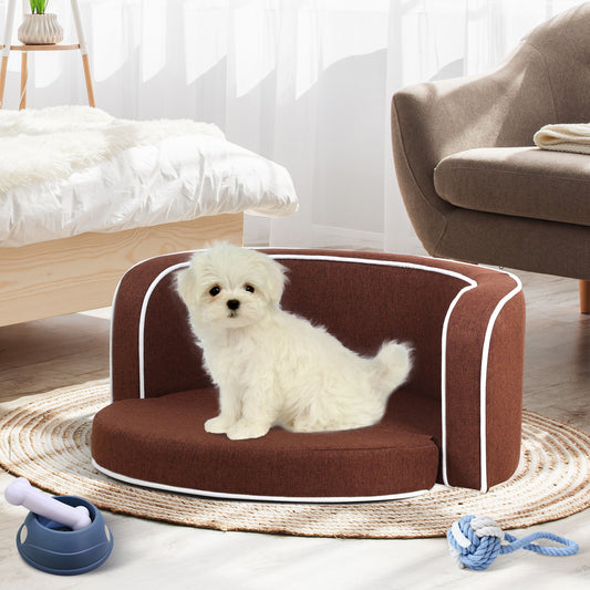 30" Brown Round Pet Sofa, Dog sofa, Dog bed, Cat Bed, Cat Sofa, with Wooden Structure and Linen Goods White Roller Lines on the Edges Curved Appearance pet Sofa with Cushion
