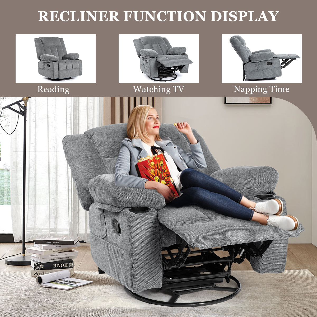 Massage Recliner Chair with Heating, Swivel, and Storage