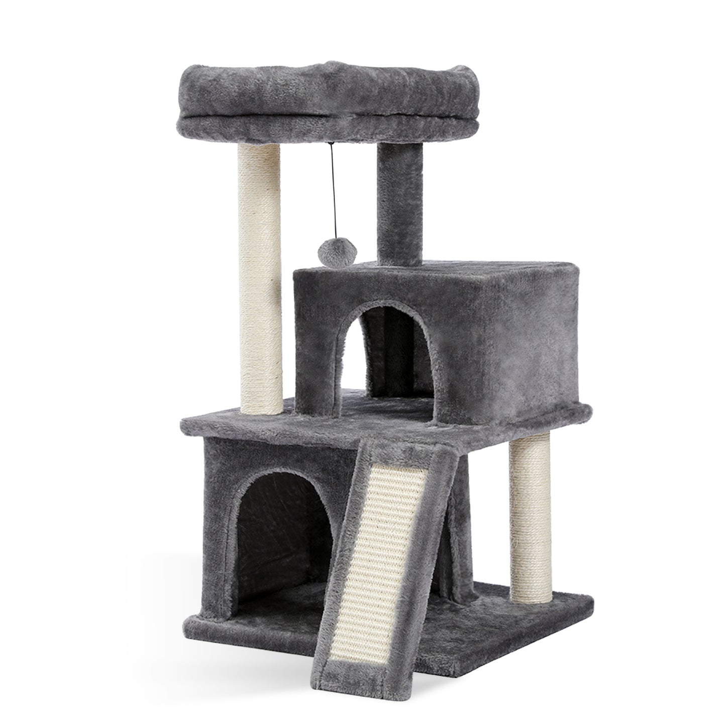 Cat Tree Luxury 34 Inches Cat Tower with Double Condos, Spacious Perch, Fully Wrapped Scratching Sisal Posts and Replaceable Dangling Balls Gray