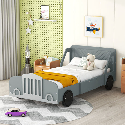 Twin Size Car-Shaped Platform Bed with Wheels,Gray