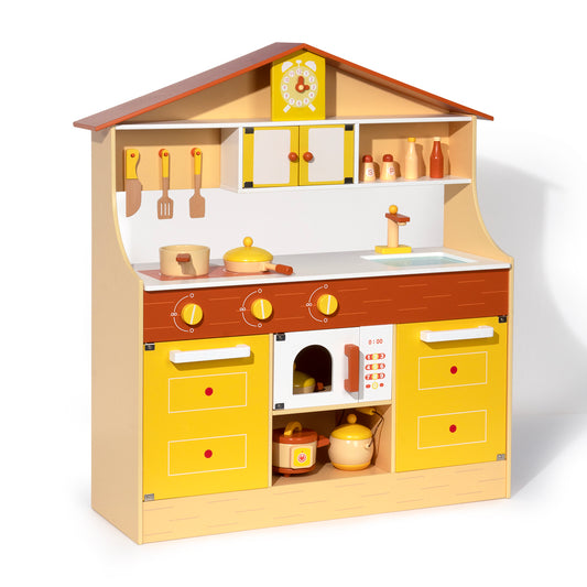 Kid's Wooden Pretend Play Kitchen Set in Yellow, with Cookware and Accessories