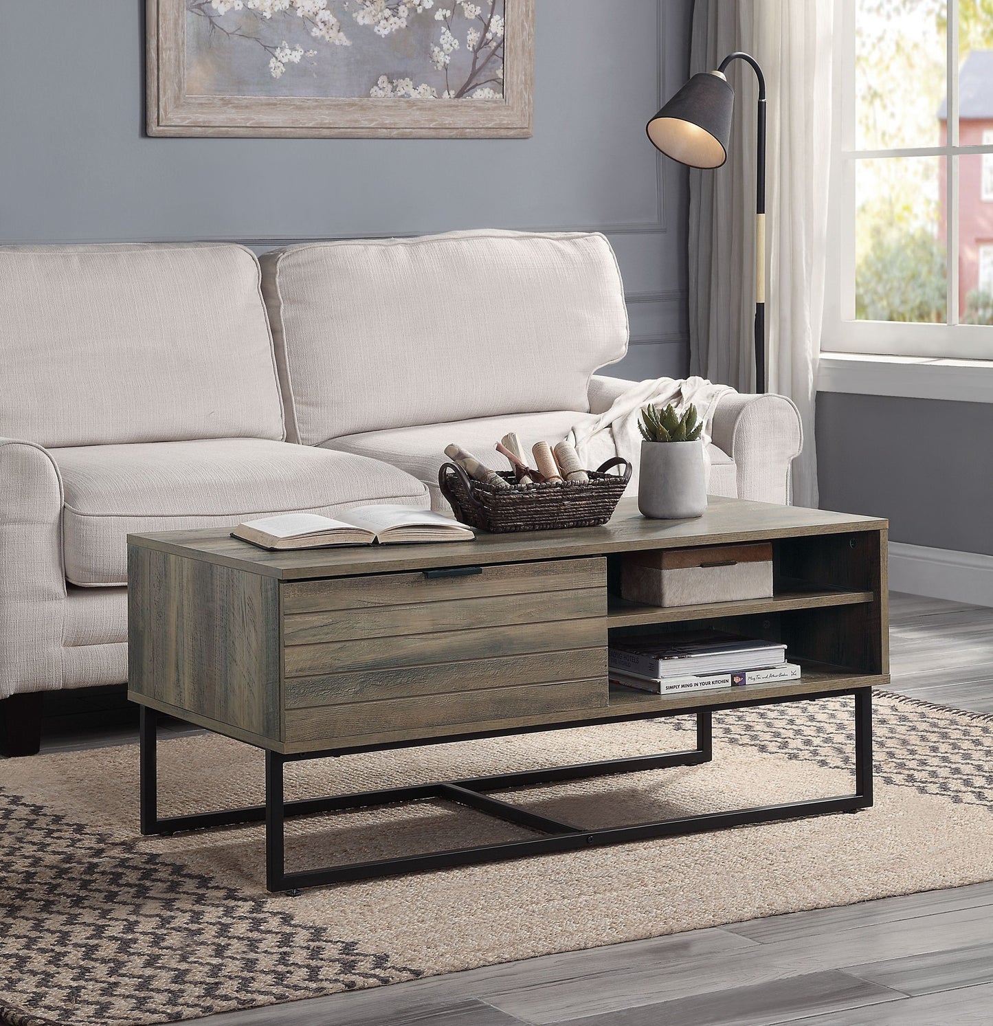 Rustic Oak Coffee Table with Black Accents and Industrial Metal Legs