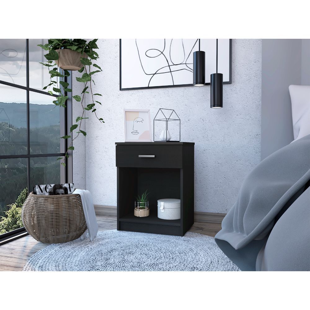 Eco Nightstand, Superior Top,  One Drawer, Lower Shelf -Black