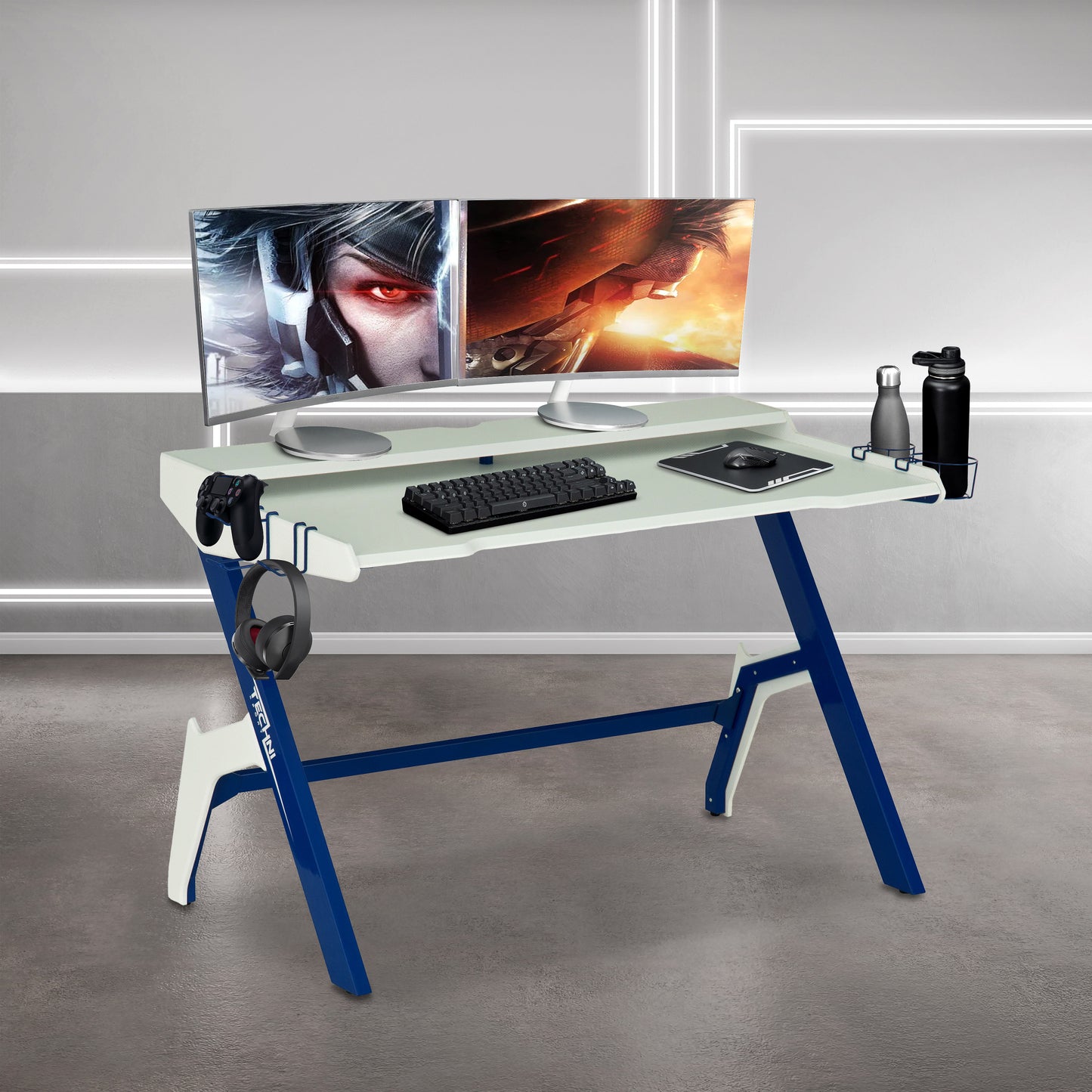 Techni Sport Blue Gaming Desk with Cupholder & Headphone Hook