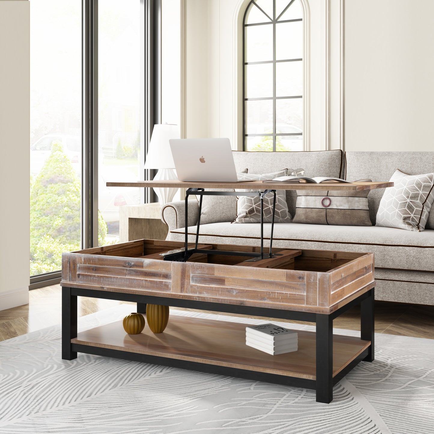 Elegant Lift Top Coffee Table with Storage Shelf - Brown Acacia Blend