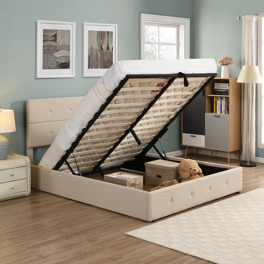 Upholstered Platform Bed with Underneath Storage,Queen Size,Beige