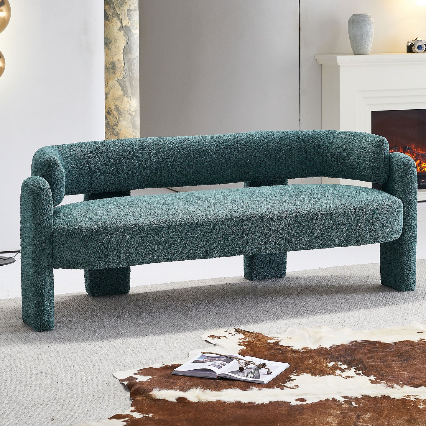 Green Boucle Upholstered Modern Sofa with Rolled Arms