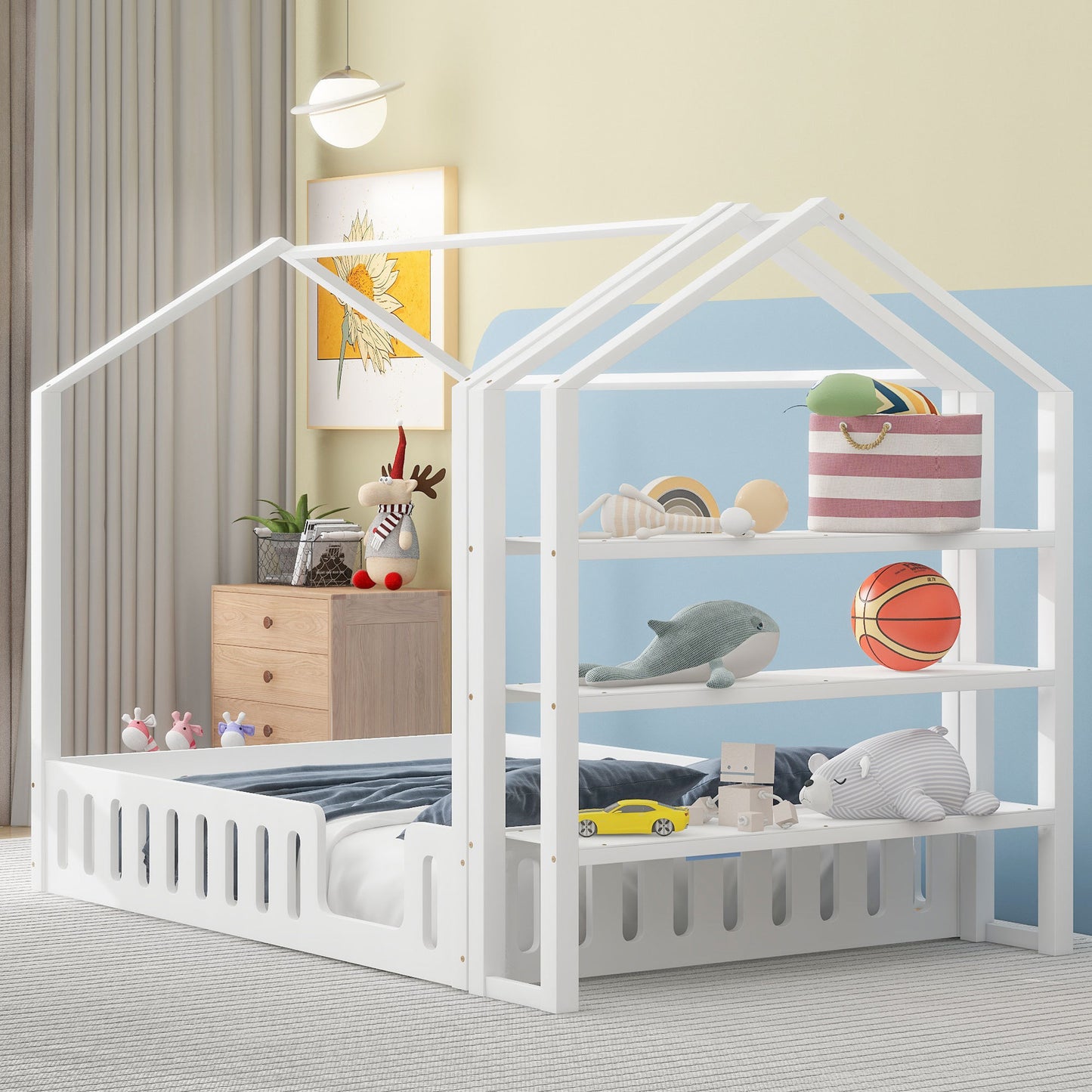 Full Size Wood House Bed with Fence and Detachable Storage Shelves, White(Expected Arrival Time: 1.7)