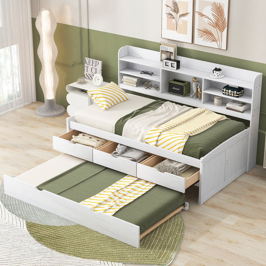 Twin Size Wooden Captain Bed with Built-in Bookshelves,Three Storage Drawers and Trundle, White Wash