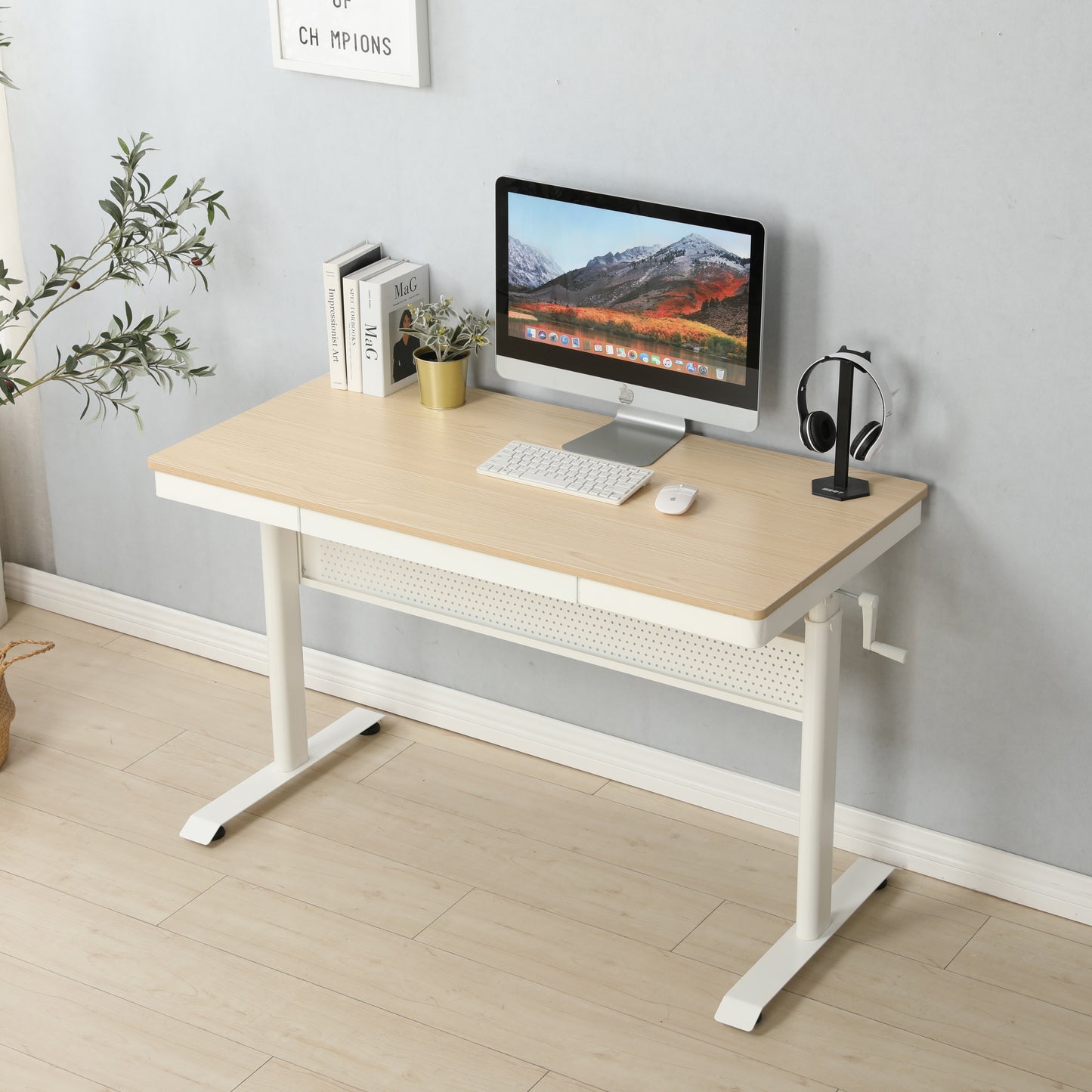 Height-Adjustable Maple Standing Desk with Steel Drawer - 48 x 24 Inches