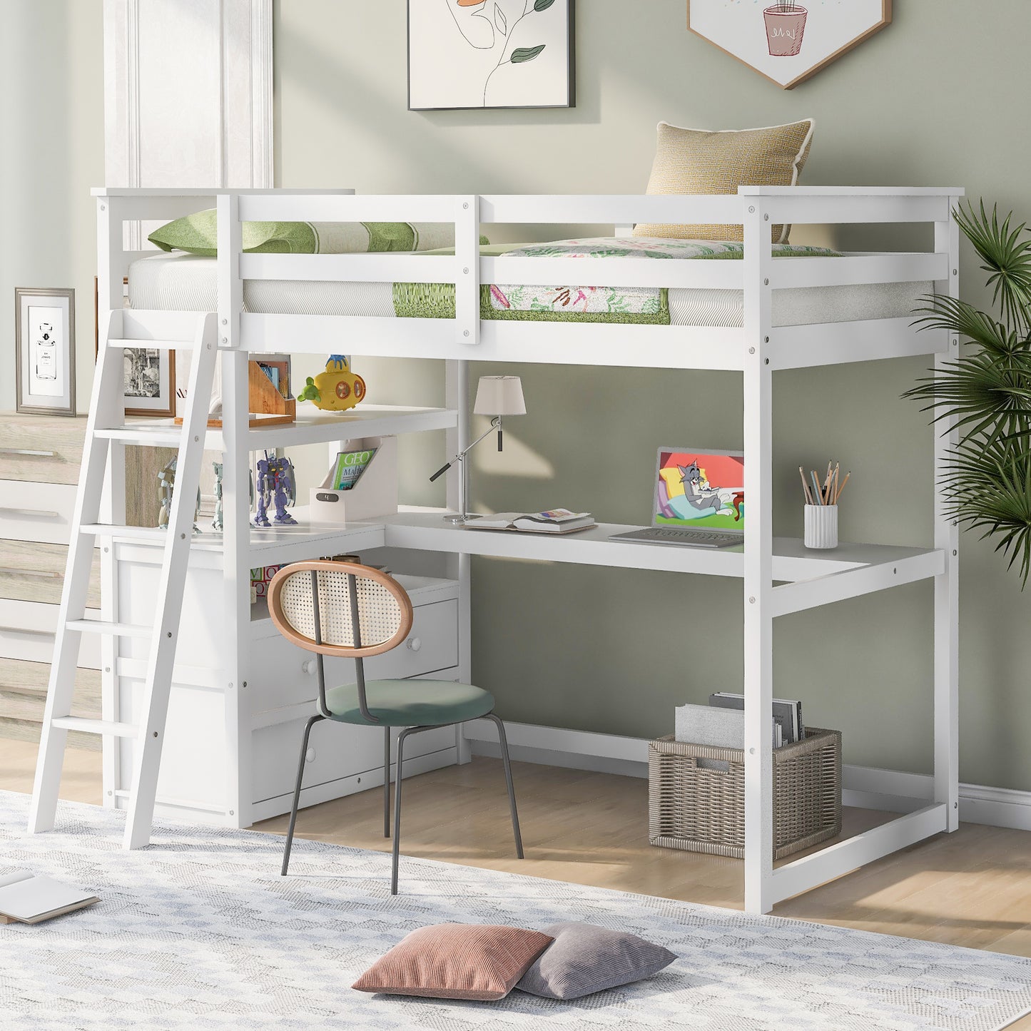 Twin Size Loft Bed with Desk and Shelves, Two Built-in Drawers, White (: GX000803AAK-1)