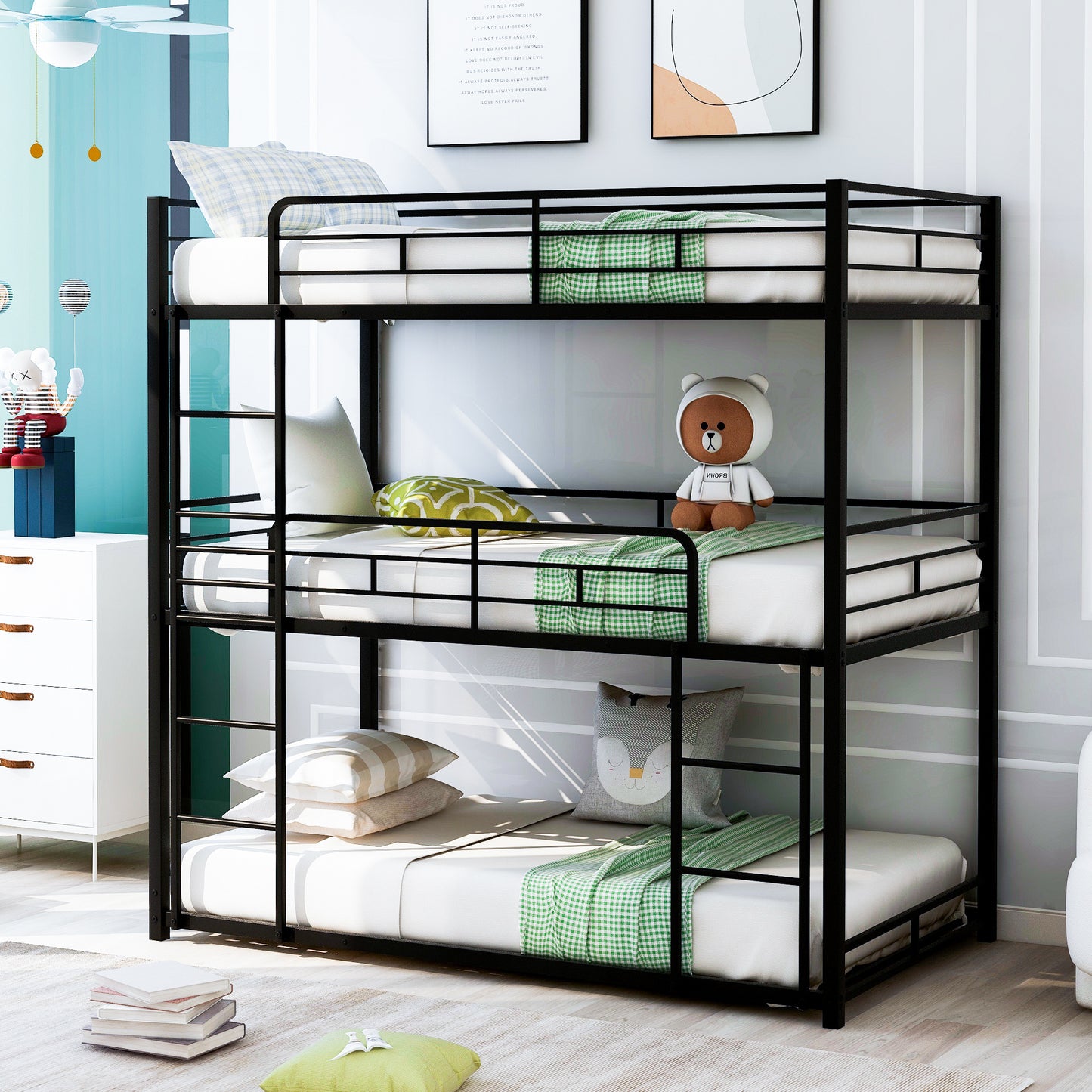 Sleek Black Metal Triple Bunk Bed with Twin Size