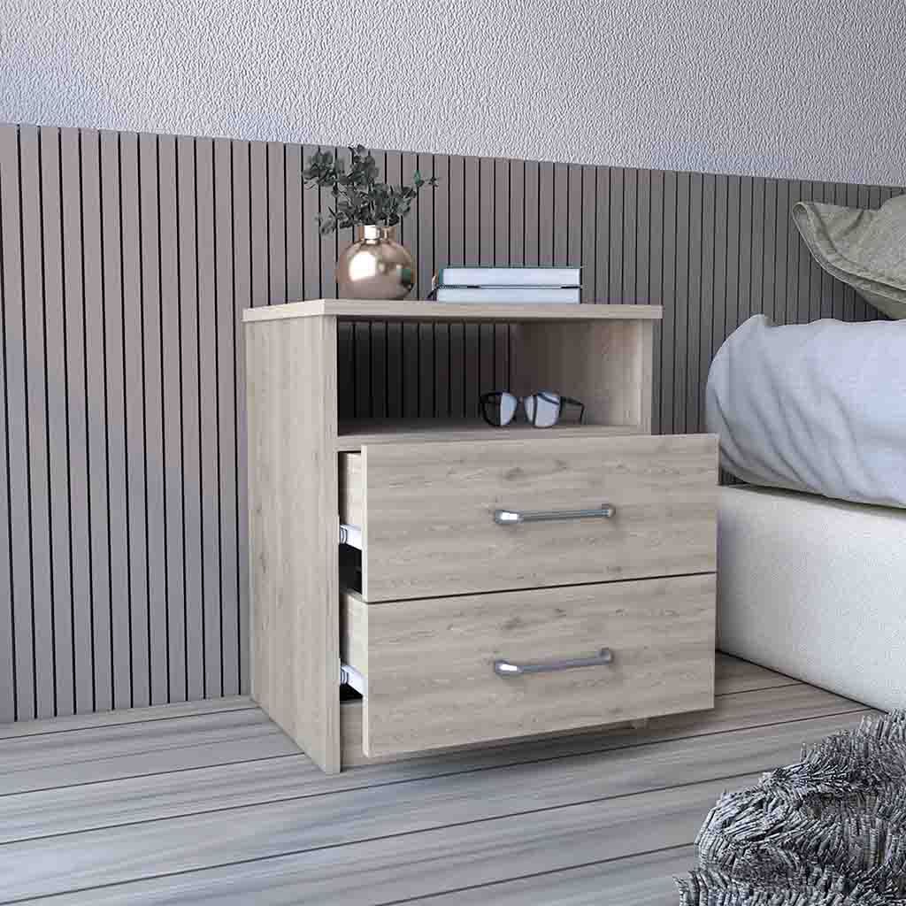 Nightstand Olienza, Two Drawers, One Shelf, Light Gray Finish