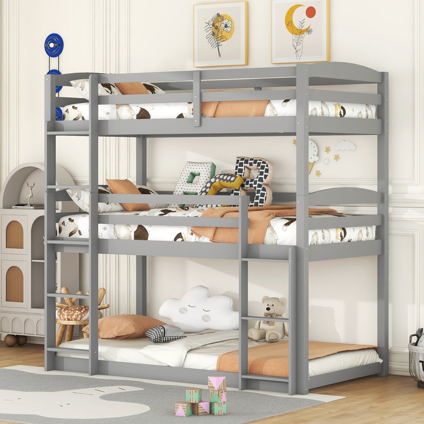 Gray Stain Triple Tier Bunk Bed