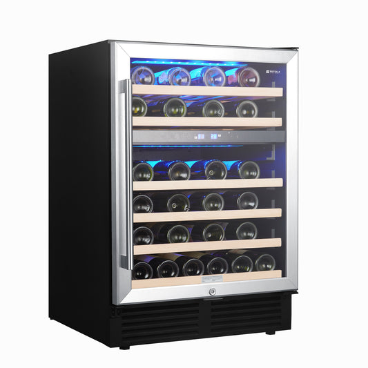 Dual Zone Wine Cooler with 46 Bottle Capacity and Elegant Blue LED Light