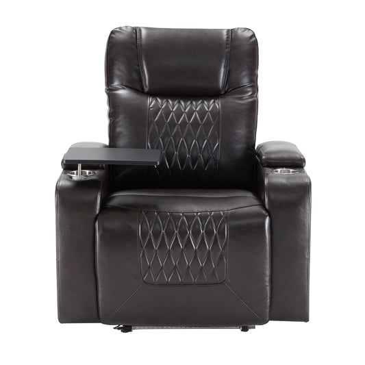 Electric Black Leather Recliner with USB Charger, Swivel Tray, and Hidden Storage