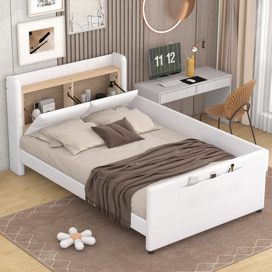 Twin Size Upholstered Platform Bed with Guardrail, Storage Headboard and Footboard, Beige